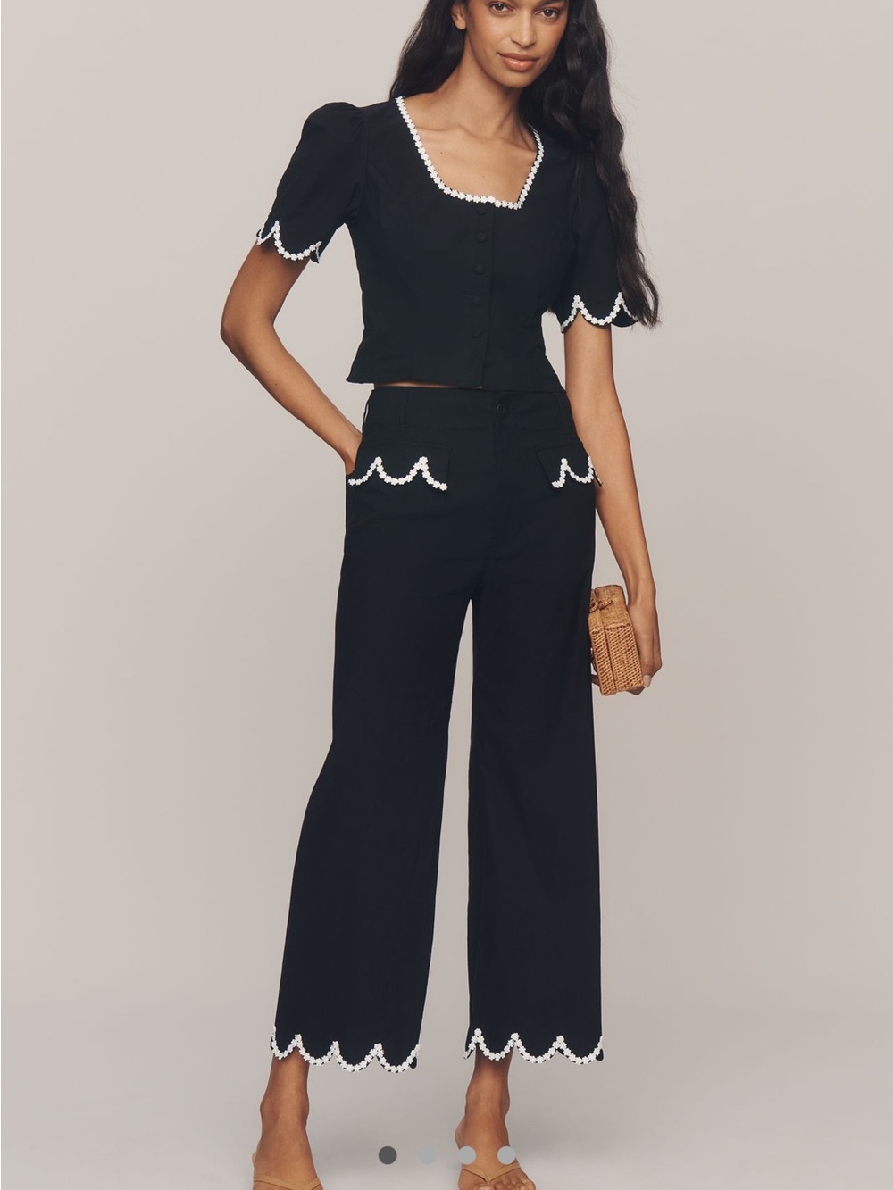 Maeve Black Wide-Leg Pants with White Scalloped Trim